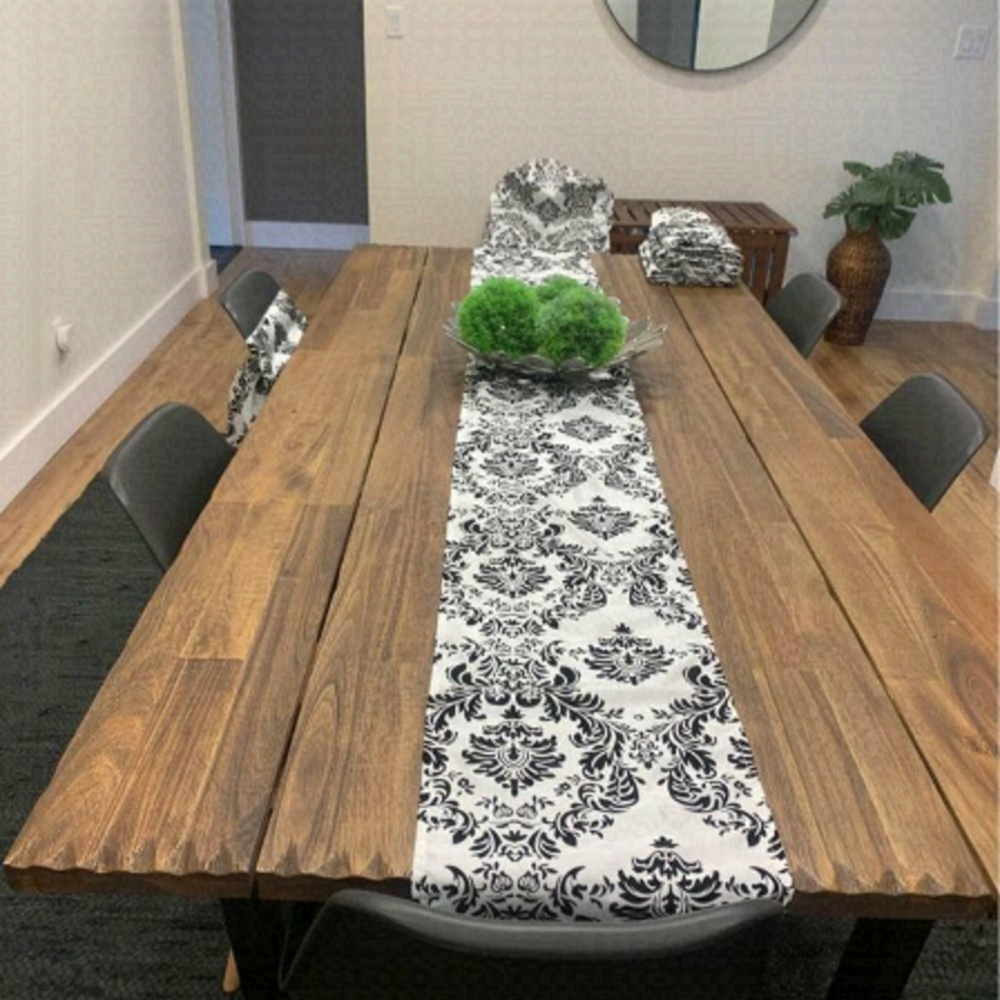 TABLE runners (7) chair bows (2) chair cover (1) velvet damask. Black and white.